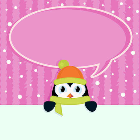Christmas pink card with little penguin and oval frame for text.のイラスト素材