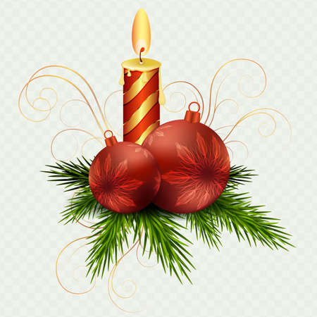 Christmas composition by burning candle, red Christmas balls and Christmas tree twigs, design element.のイラスト素材