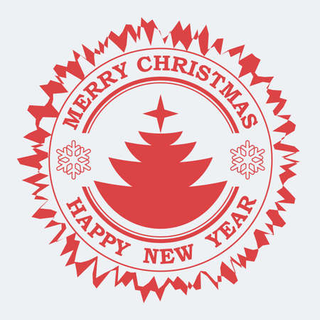 Christmas round stamp in red with the silhouette of an abstract Christmas tree,のイラスト素材