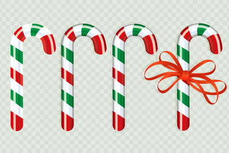 Christmas staff with red and green stripes and red ribbon, set, design element.のイラスト素材