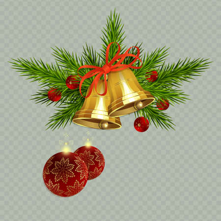 Christmas composition with golden bells with a ribbon, spruce twigs and red balls with snowflakes, design element.のイラスト素材