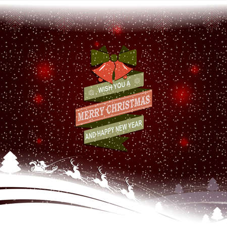 Christmas red dark pattern with the silhouette of Santa Claus with deer, with text, bells and a set of snowflakes.のイラスト素材
