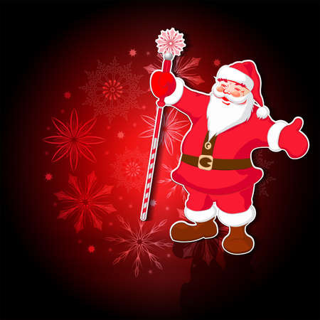 Christmas red composition with a red, white silhouette of Santa Claus with a staff raised up and a set of snowflakes.のイラスト素材