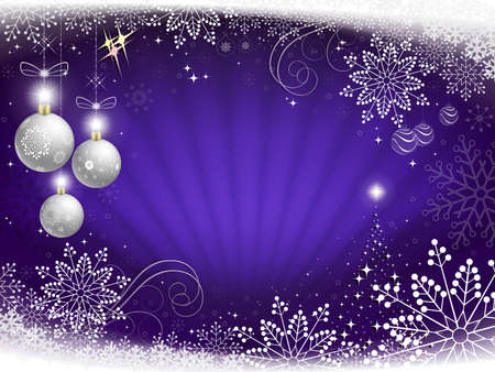 Christmas background in blue with rays of light, white elegant snowflakes and balls.のイラスト素材