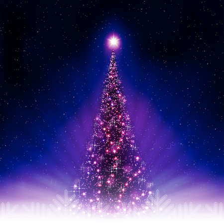 Christmas blue postcard with shiny Christmas tree, silhouettes of confetti with ribbons.のイラスト素材