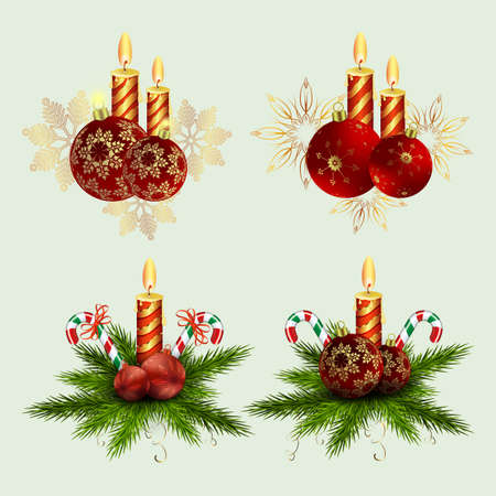 Christmas composition of fir green branches, burning candles and balls with snowflakes with a staff, set, design element.のイラスト素材