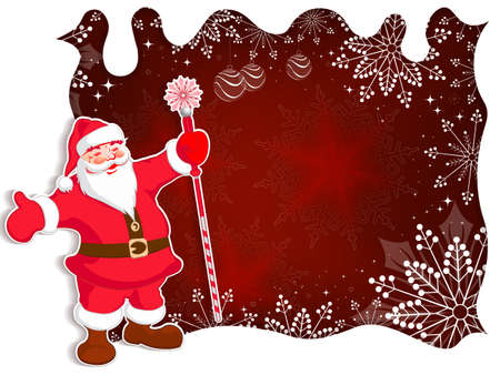 Christmas red background with Santa Claus, a white curly frame and graceful snowflakes.のイラスト素材