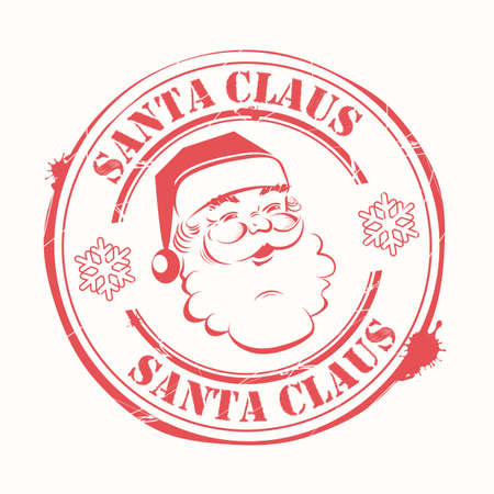 Christmas round stamp with Santa Claus look with text and snowflakes, design element.のイラスト素材