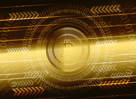 Gold background with numbers, arrows and with a silhouette of a coin bitcoinのイラスト素材