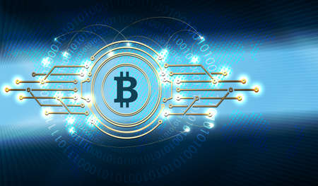Blue design with bitcoin sign with the silhouette of the continents and a set of numbers.