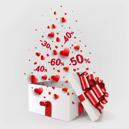 Composition with the silhouette of a white box with a red bow and a set of hearts with numbers, design element.のイラスト素材