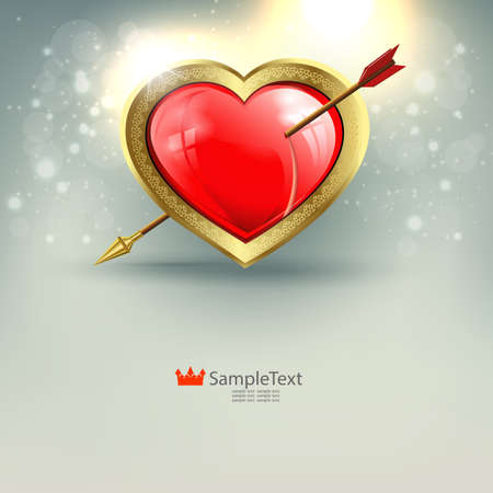 Light composition with a red heart with a gold border and arrow, postcard.のイラスト素材