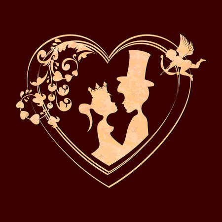 Composition with a silhouette of a heart with a lover princess in the crown and a guy in a hat, design element.のイラスト素材