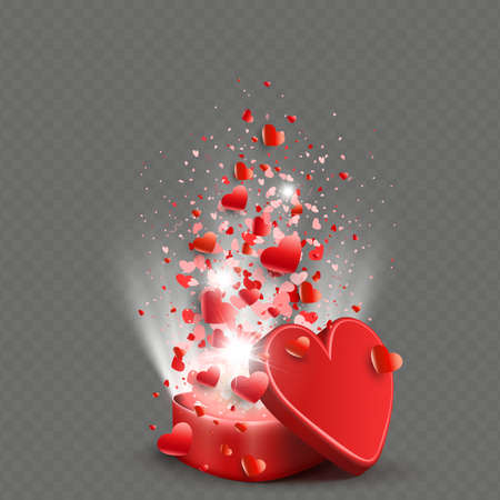 Composition with a casket of red color, set of hearts and rays of light, design element.のイラスト素材