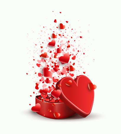 Composition with a casket of red color and set of hearts, a design element.のイラスト素材