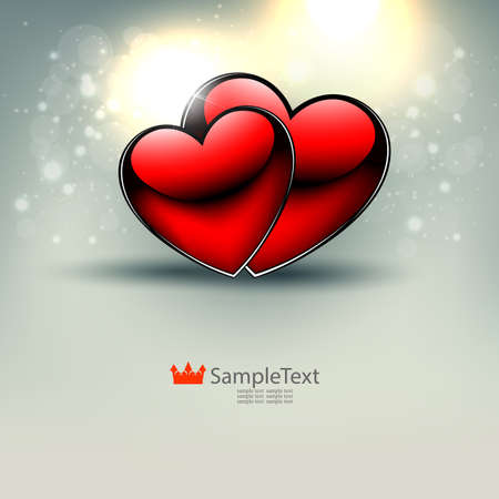 Light composition with two red hearts and glitter, greeting card.のイラスト素材