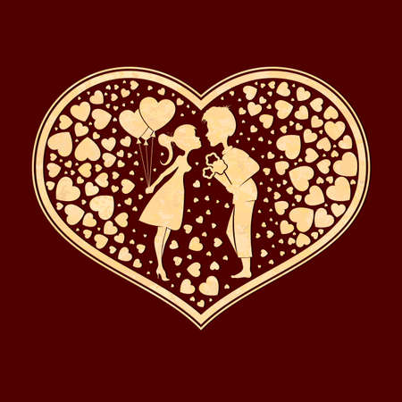 Corrugated heart silhouette composition with a boy and a girl with balloons, design element.のイラスト素材
