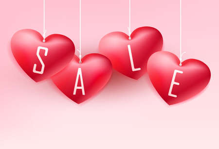 Light pink composition with the silhouette of hearts hanging on a lace with the text sale, postcard.のイラスト素材