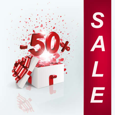 Light composition with a white box with a set of hearts, a figure of fifty percent and text, a design element.のイラスト素材