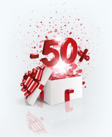 Light composition with a white box with a set of hearts and the number fifty percent, a design element.のイラスト素材