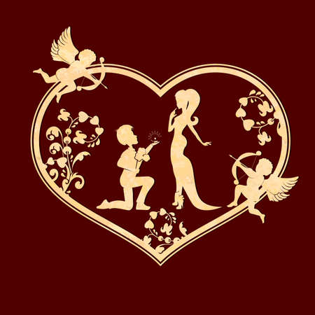 Corrugated composition with a silhouette of a heart with a pattern and cupid, a boy on his knees and girls, a design element.のイラスト素材