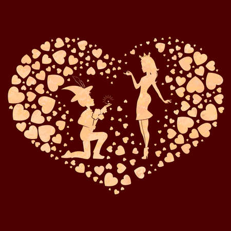 Composition with a silhouette of a heart with a girl in love princess in a crown and a guy in a hat,...