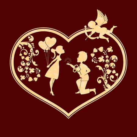 Corrugated composition with a silhouette of a heart with a cupid, a boy on his knees and girls with balloons, design element.のイラスト素材