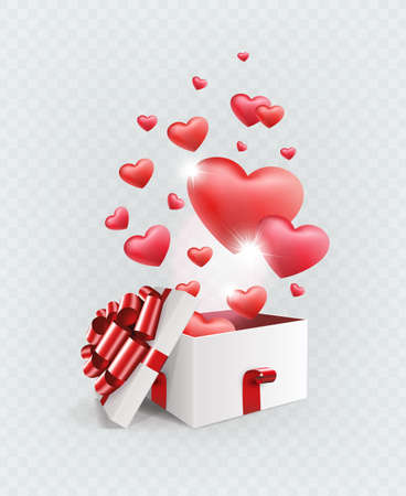 Light composition with a white box with ribbons, a red bow and a set of hearts, design element.のイラスト素材