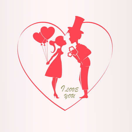 Illustration with a silhouette of a heart, a boy in a hat and a girl with balloons, design element.のイラスト素材