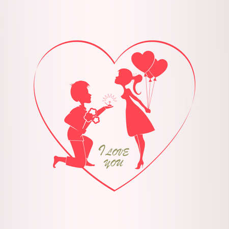 Illustration with silhouette of heart, boy on his knees and girls with balloons, design element.のイラスト素材