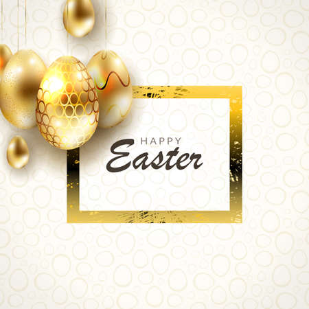 Easter light composition with eggs on pendants of brilliant golden hue and a textural frame, postcard.のイラスト素材