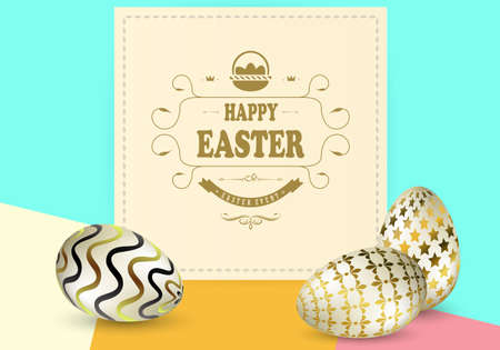 Multicolor composition with Easter eggs with a gold color pattern and square frame, greeting card.のイラスト素材