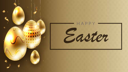 Easter brown composition with eggs on pendants of gold color with glitter,