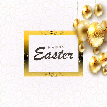 Easter composition with eggs of brilliant golden hue and texture frame, greeting card.のイラスト素材