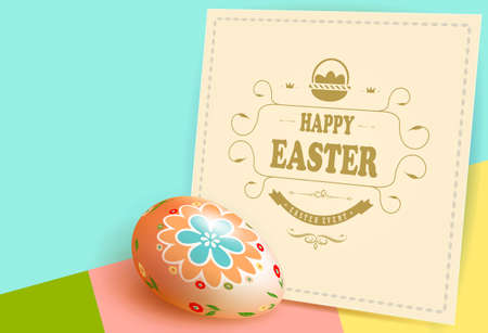 Multicolored composition with square beige frame and Easter egg, postcard.のイラスト素材