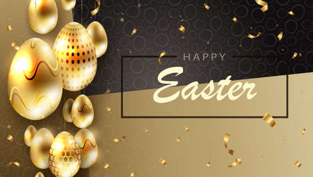 Easter dark composition with a set of eggs of gold color with glitter and a pattern on pendants, a postcard.のイラスト素材
