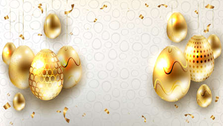 Easter light composition with silhouettes of golden eggs with glitter and ribbon scraps, postcard.のイラスト素材