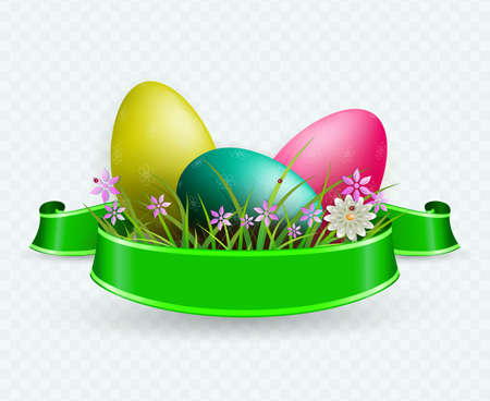 Easter composition with three eggs, green ribbon and grass with flowers, design element.のイラスト素材