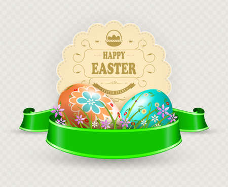Composition with Easter eggs and a round curly frame, design element.のイラスト素材
