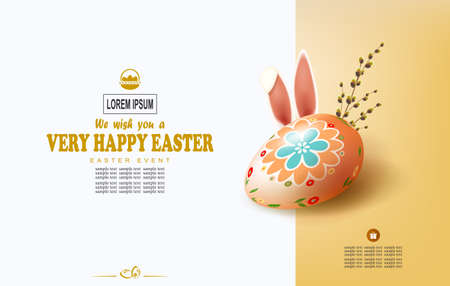 Easter yellow composition with egg, rabbit ears and willow branch, brochure, card.のイラスト素材