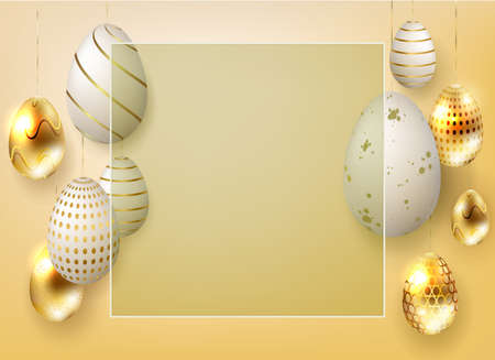 Easter yellow composition with shiny gold and white eggs on pendants, postcard.のイラスト素材