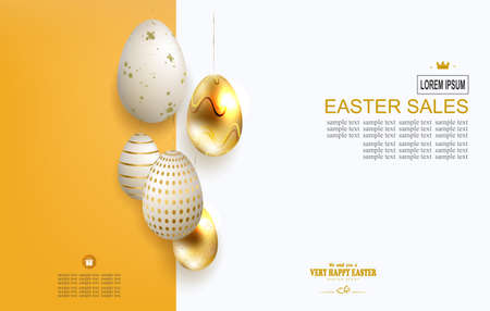 Easter yellow composition with a set of eggs on pendants, a brochure, a postcard.のイラスト素材