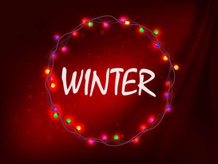 Christmas red design with a wreath of burning colored bulbsのイラスト素材