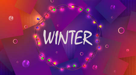 Christmas purple design with a wreath of burning light bulbs.のイラスト素材