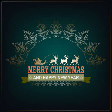 Christmas dark green illustration with Santa Claus in a sleigh rides on deer.のイラスト素材