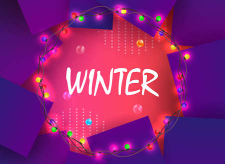 Christmas composition of a pink shade with violet squares, a round wreath with burning color bulbs.のイラスト素材