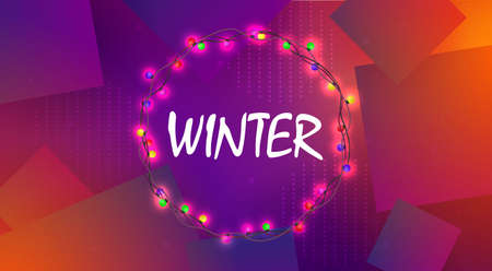 Christmas purple background with a round wreath with burning colored bulbs.のイラスト素材