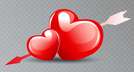 Composition with painted two shiny red hearts with an arrow, a design component.のイラスト素材