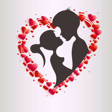 Composition with a wreath of red hearts and a dark silhouette of a boy and a girl.のイラスト素材