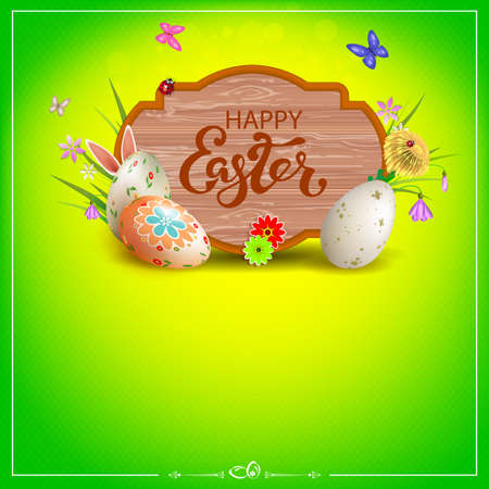 Easter composition of green color with a curly frame, Easter eggs, grass with flowers, butterflies and rabbit earsのイラスト素材